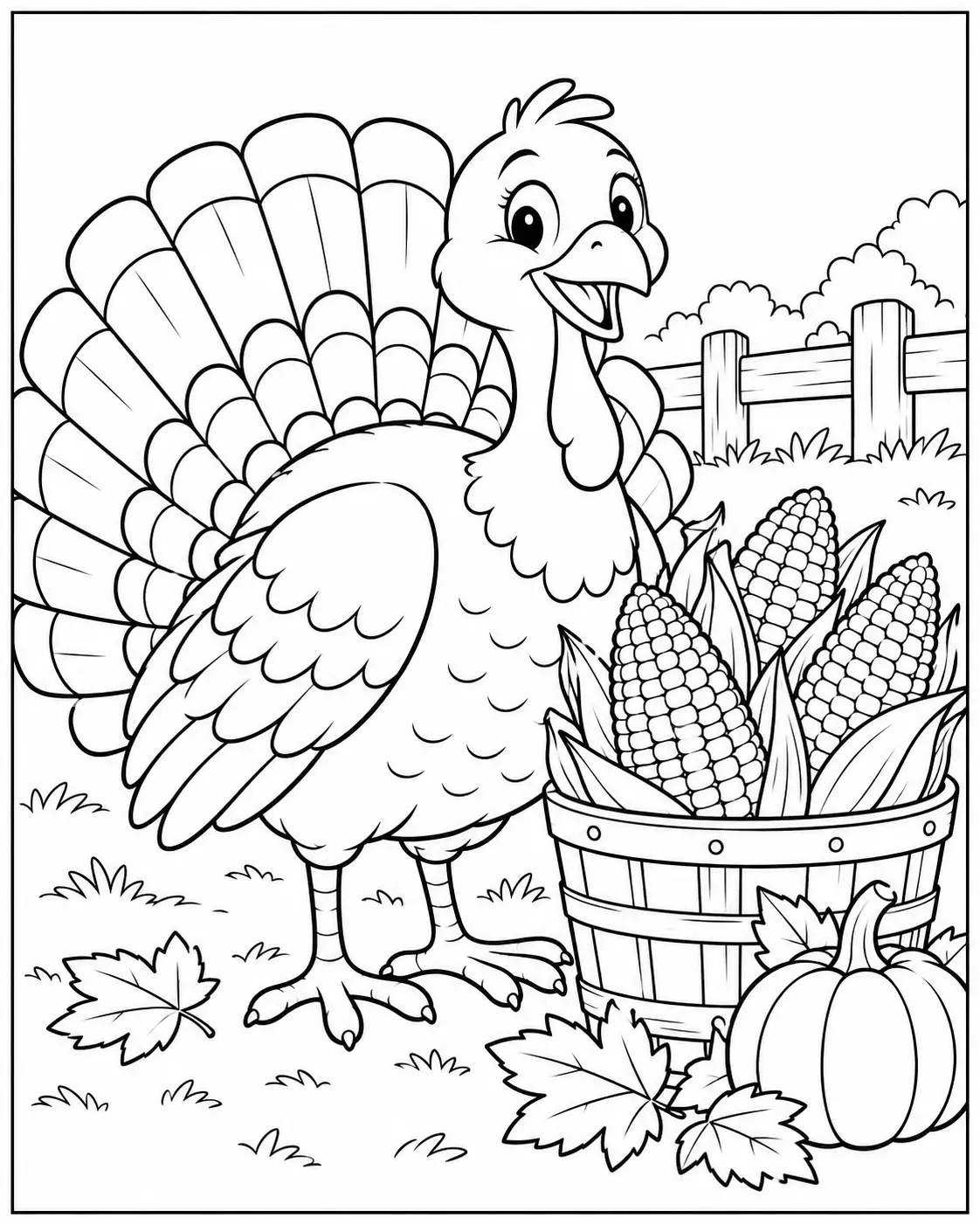 Cute Thanksgiving turkey coloring page beside a basket of corn