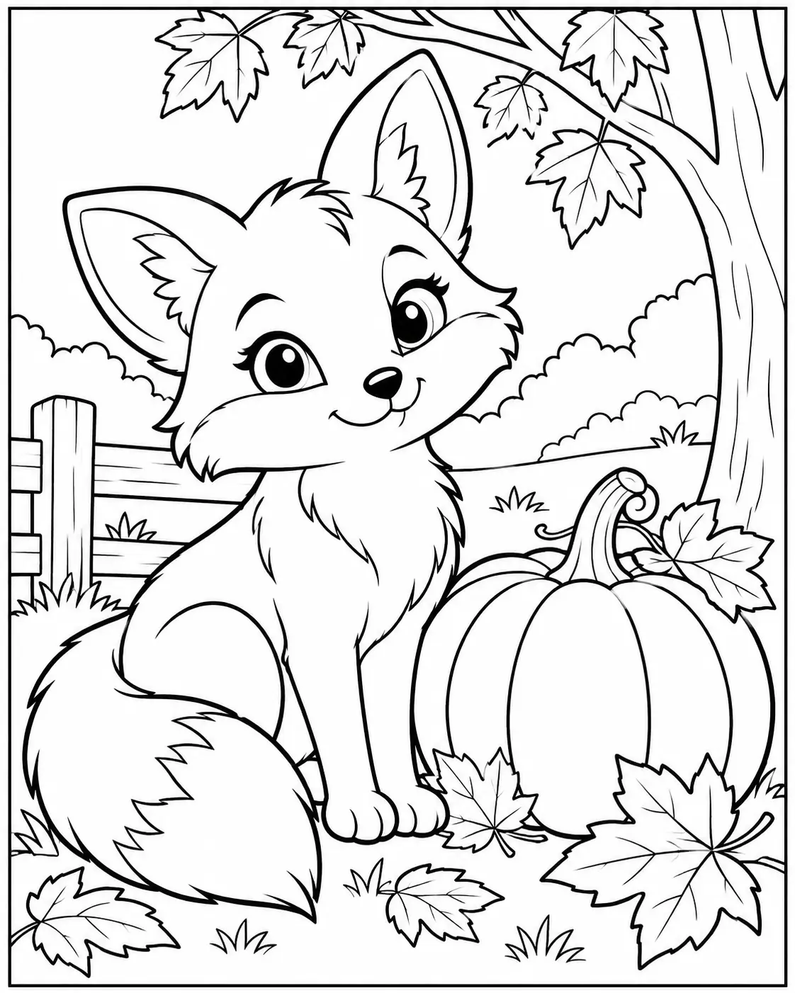Cute fox sitting beside a pumpkin Thanksgiving coloring page