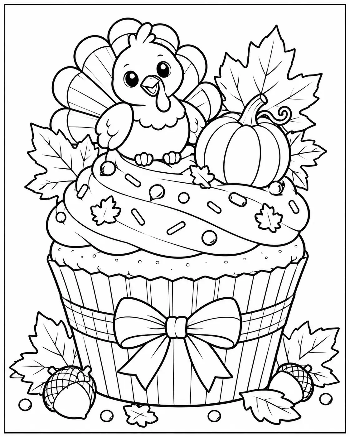 Cute Thanksgiving cupcake coloring page with turkey pumpkin and leaves