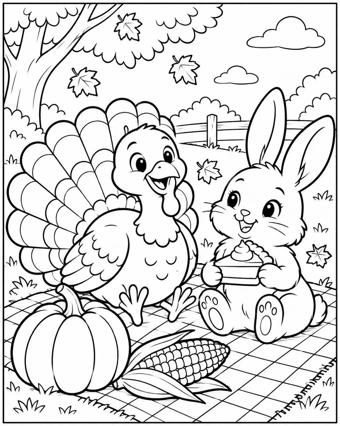 Cute Thanksgiving picnic coloring page with turkey bunny pie corn and pumpkin