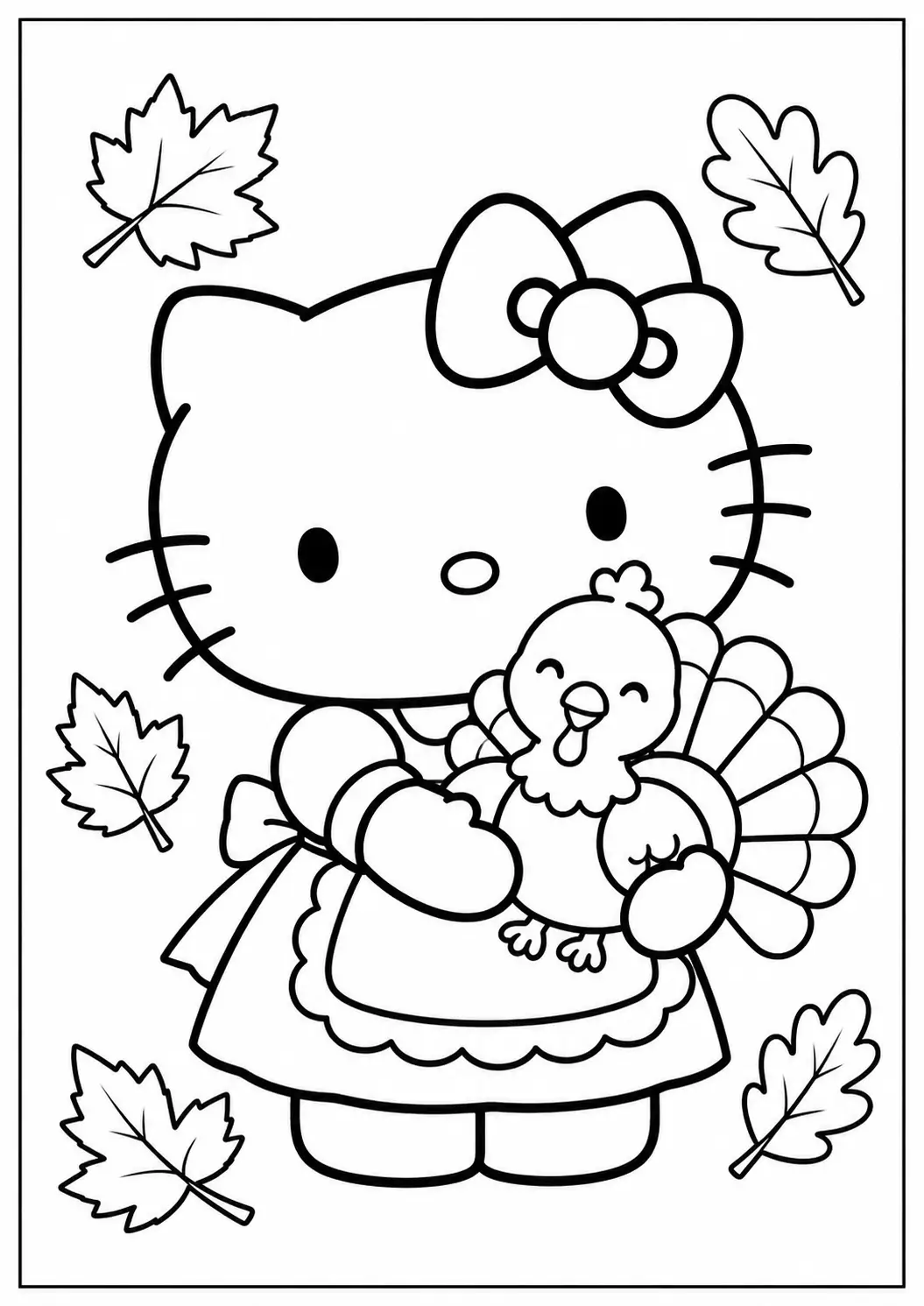 Hello Kitty holding a turkey Thanksgiving coloring page