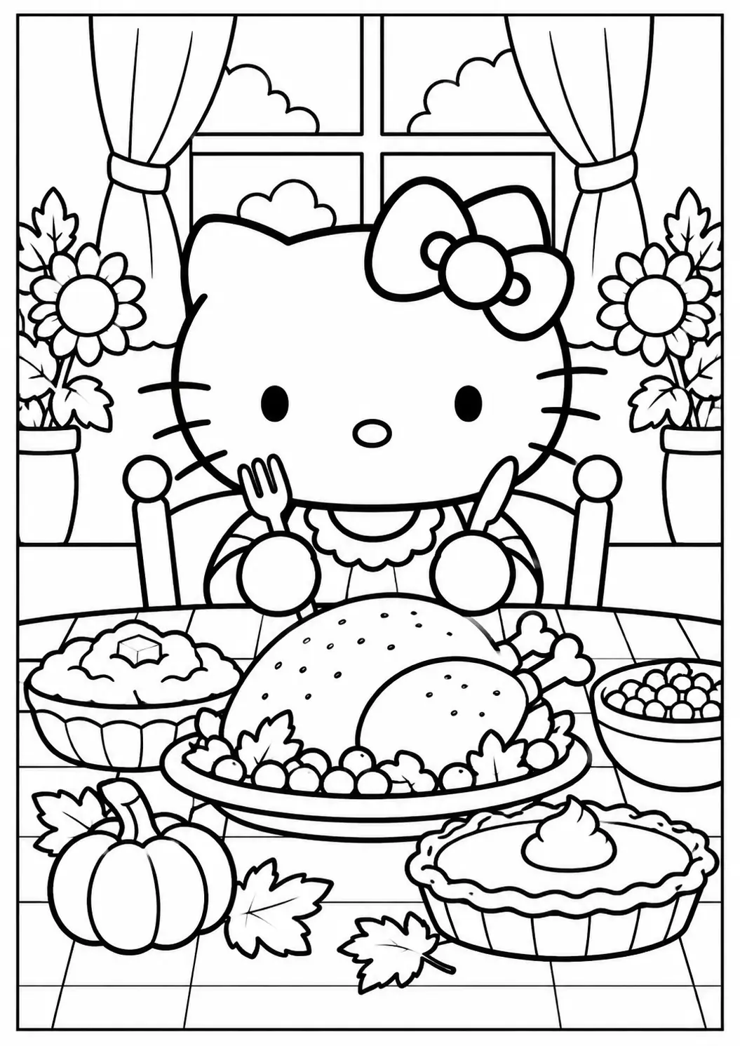 Hello Kitty Thanksgiving dinner coloring page