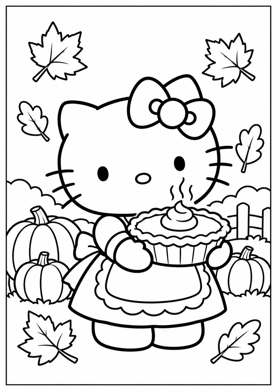 Hello Kitty holding a pumpkin pie Thanksgiving coloring page