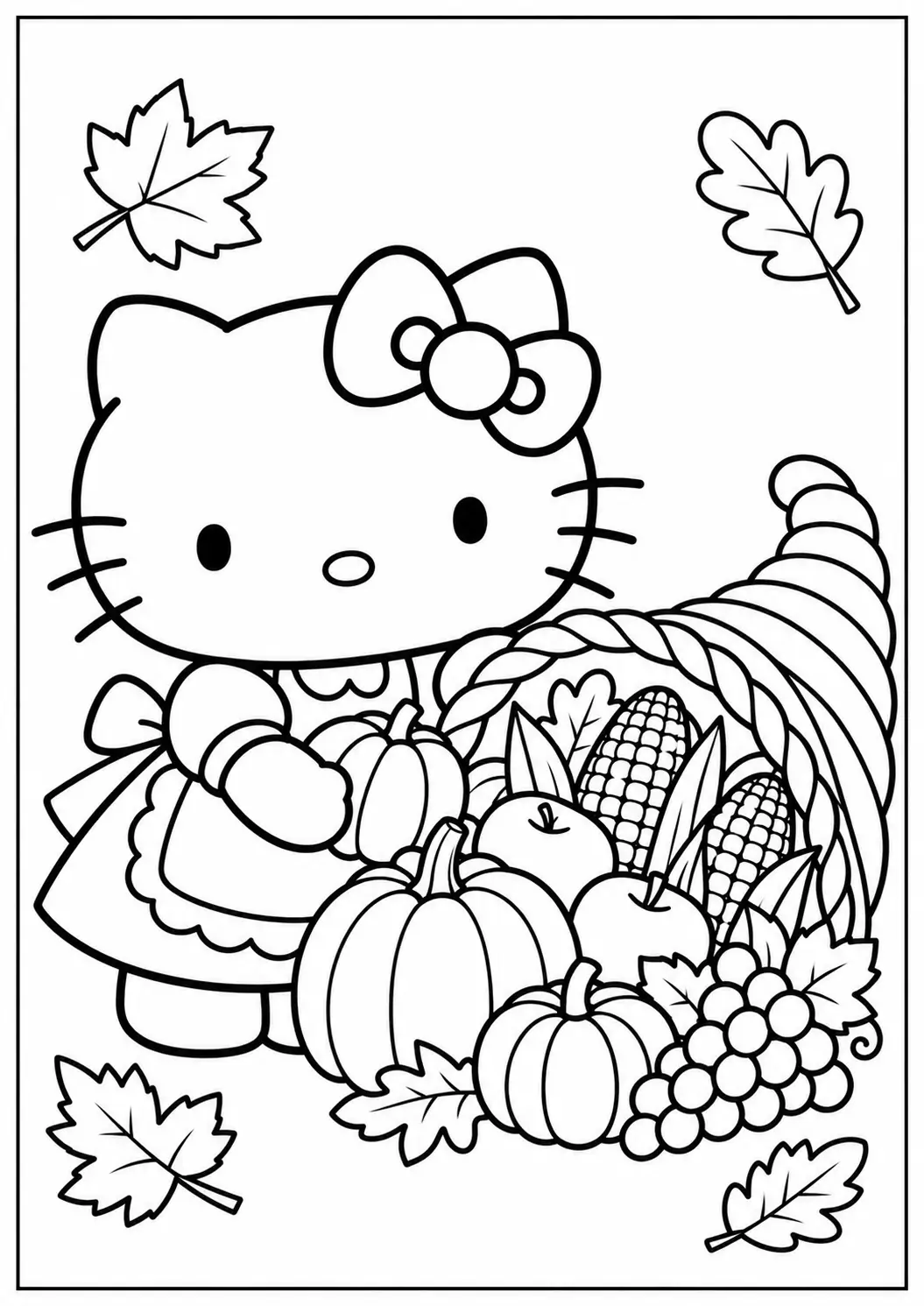 Hello Kitty with a Thanksgiving cornucopia coloring page