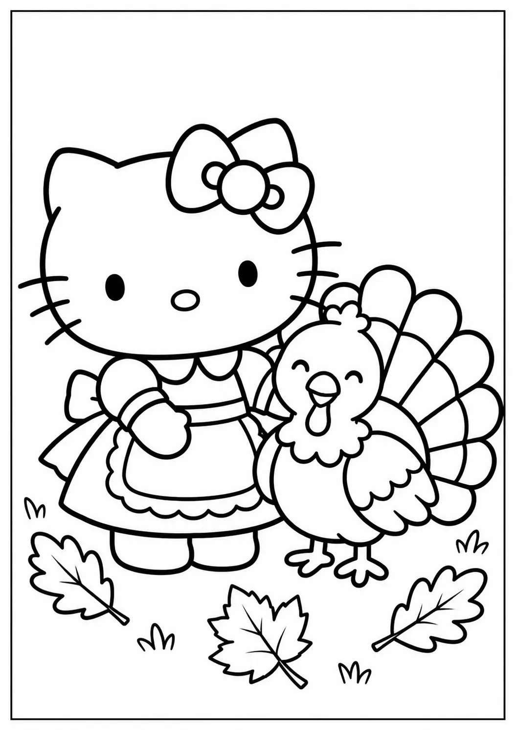 Hello Kitty with a friendly turkey coloring page