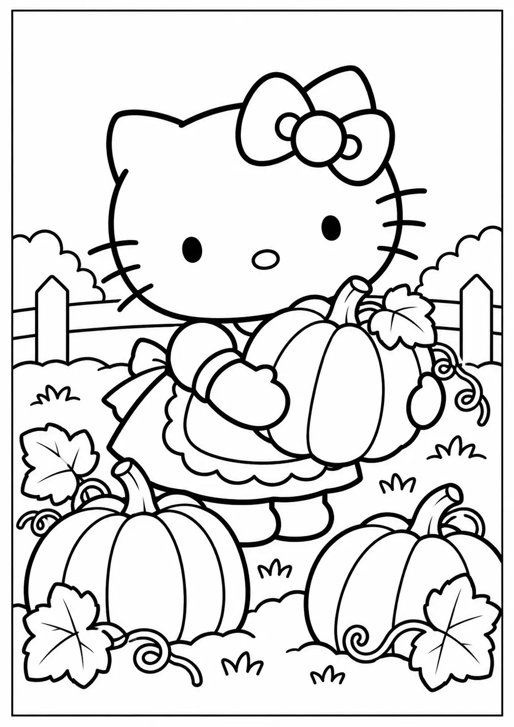 Hello Kitty picking pumpkins in a pumpkin patch coloring page