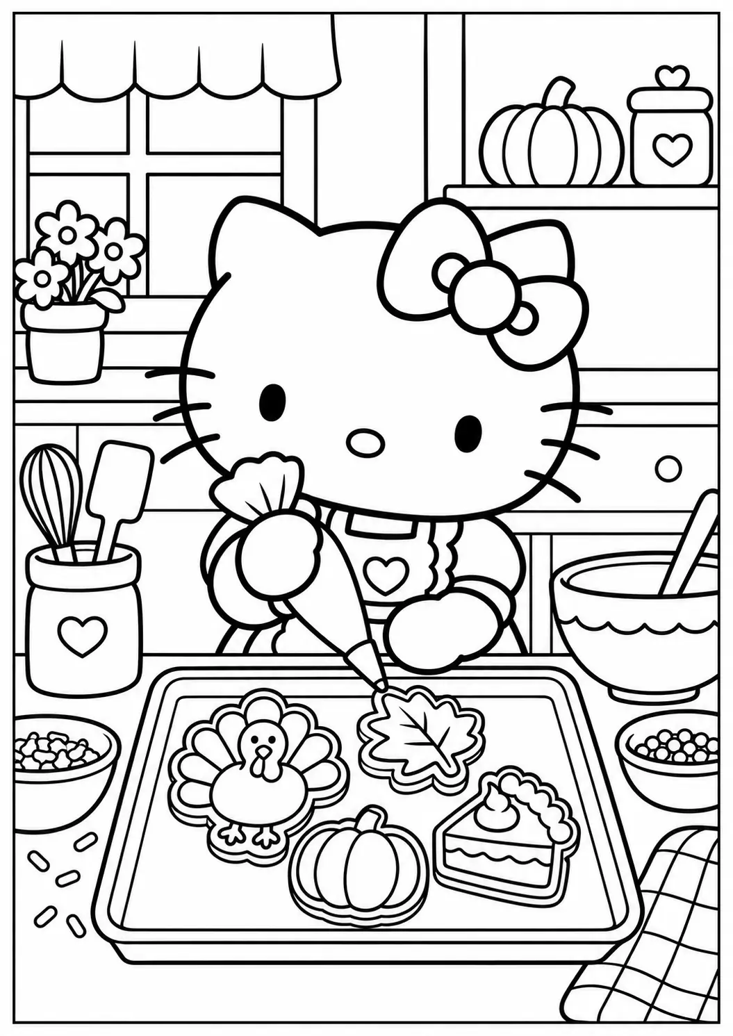 Hello Kitty baking Thanksgiving cookies coloring page