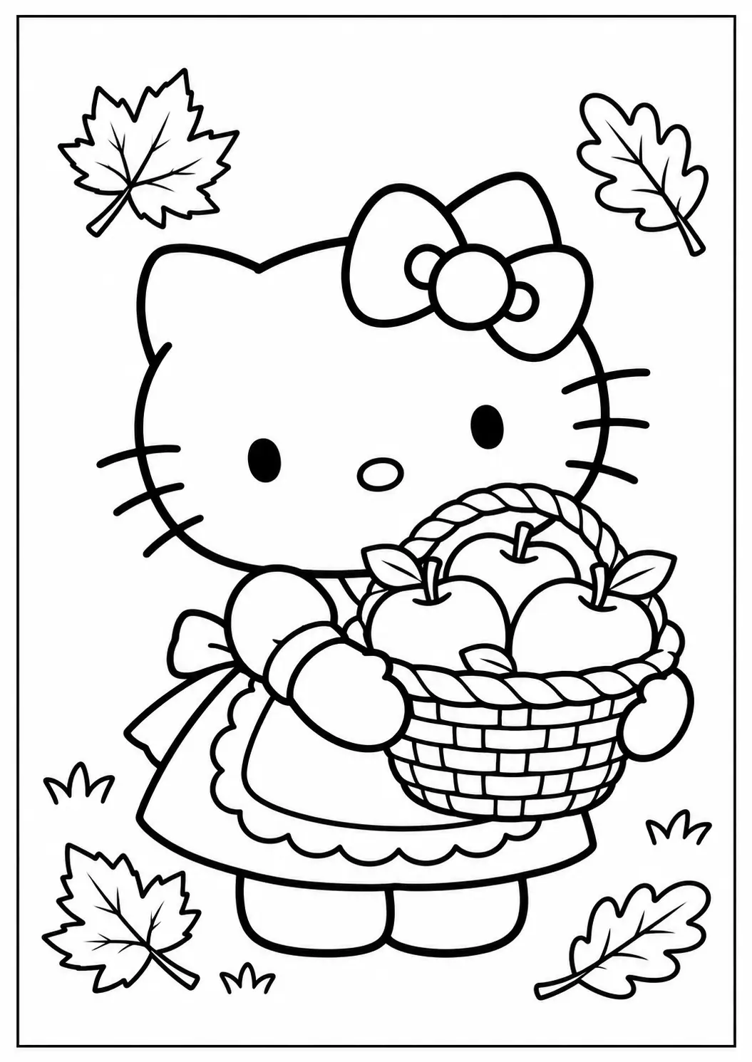Hello Kitty holding an apple basket Thanksgiving coloring page