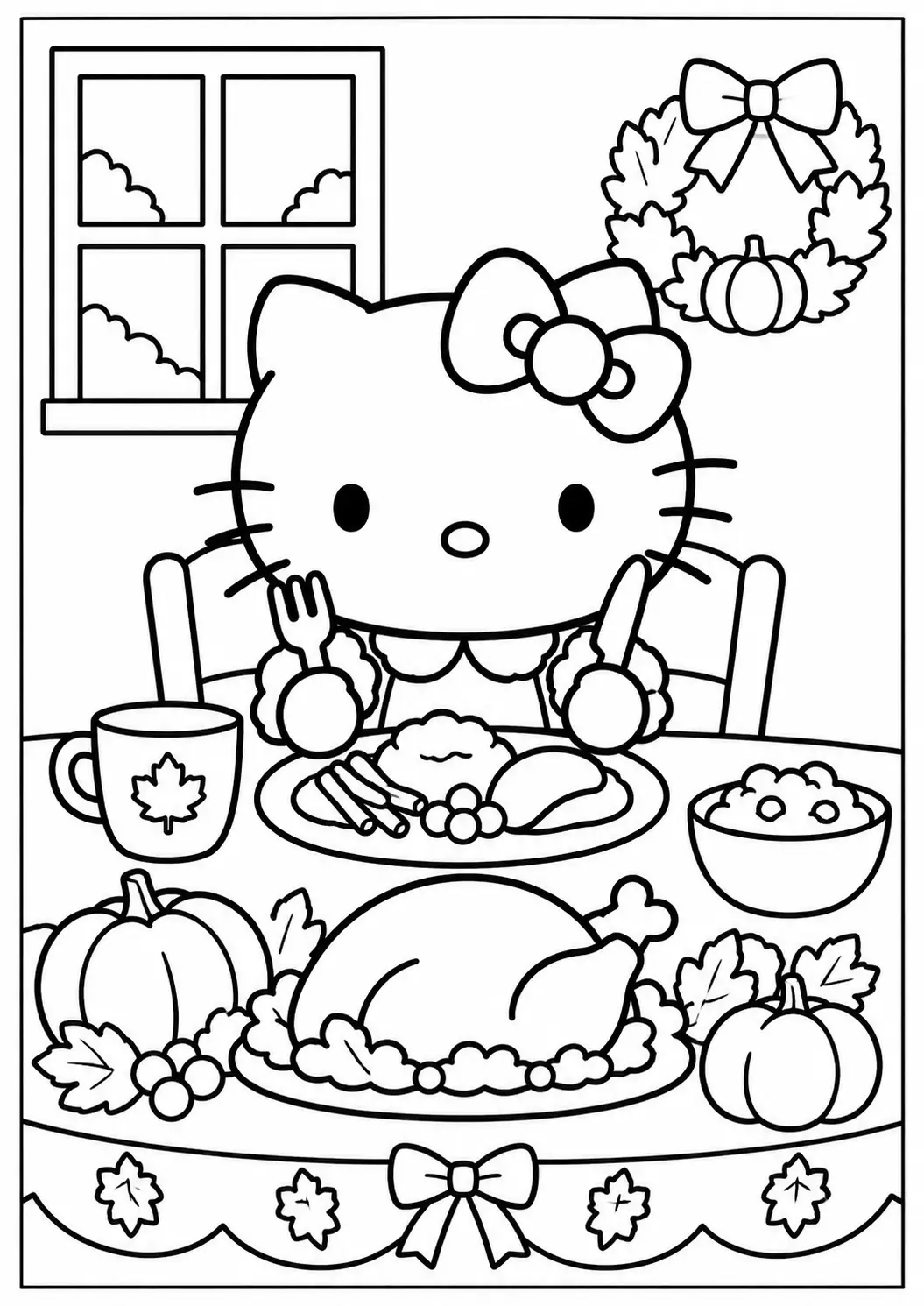 Hello Kitty at a Thanksgiving table coloring page