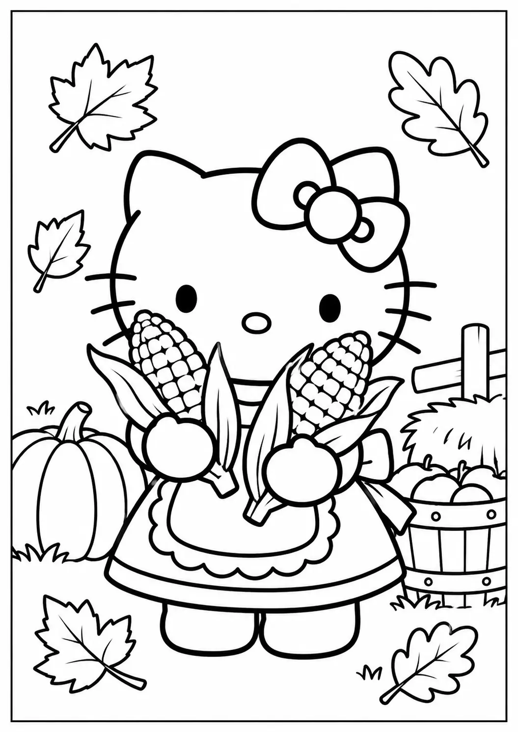 Hello Kitty holding corn Thanksgiving coloring page