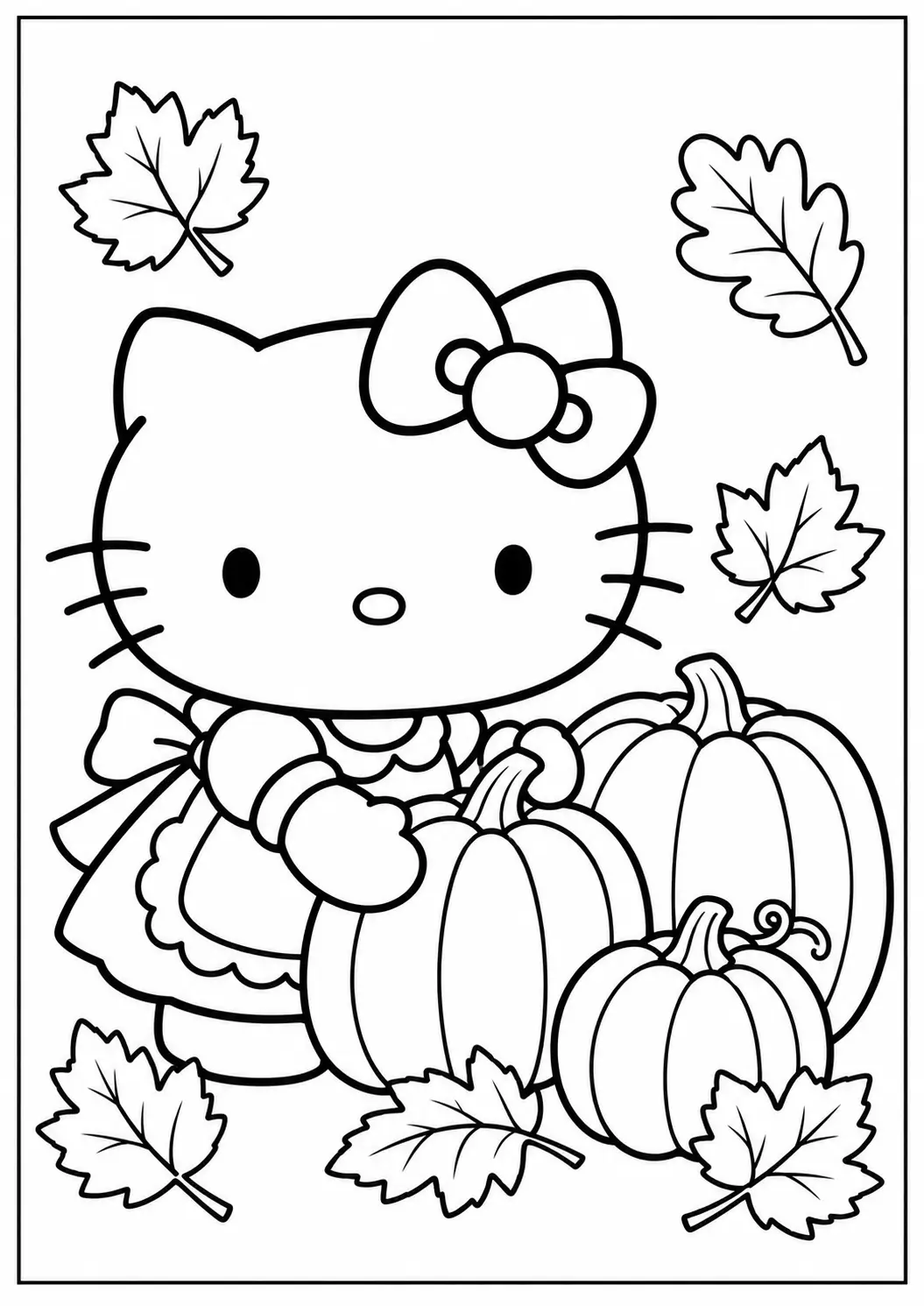 Hello Kitty with pumpkins and autumn leaves coloring page