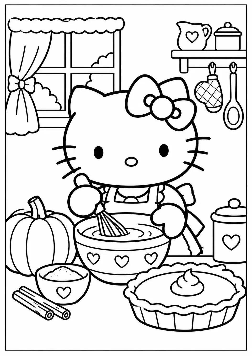 Hello Kitty making pumpkin pie Thanksgiving coloring page
