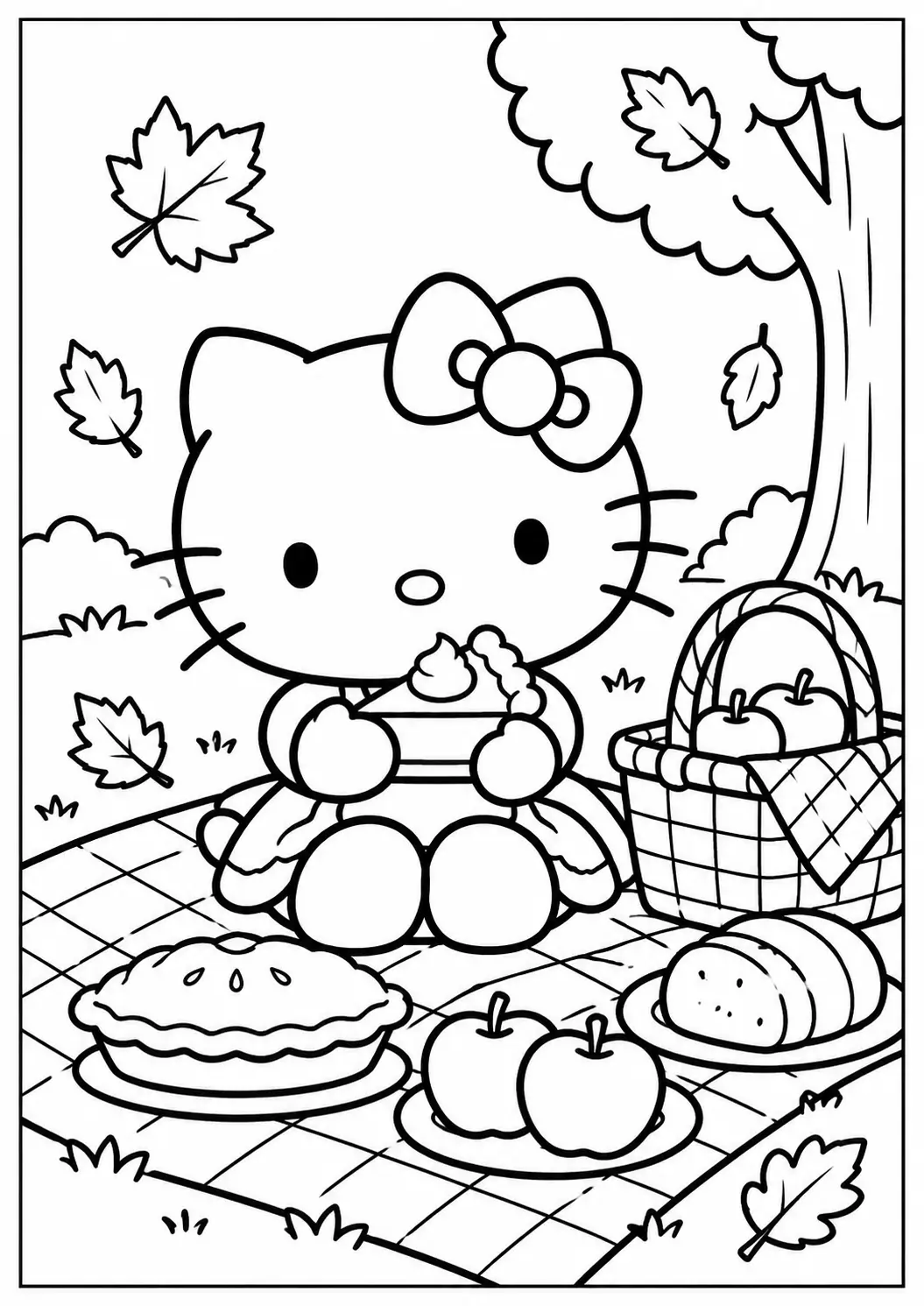 Hello Kitty Thanksgiving picnic coloring page