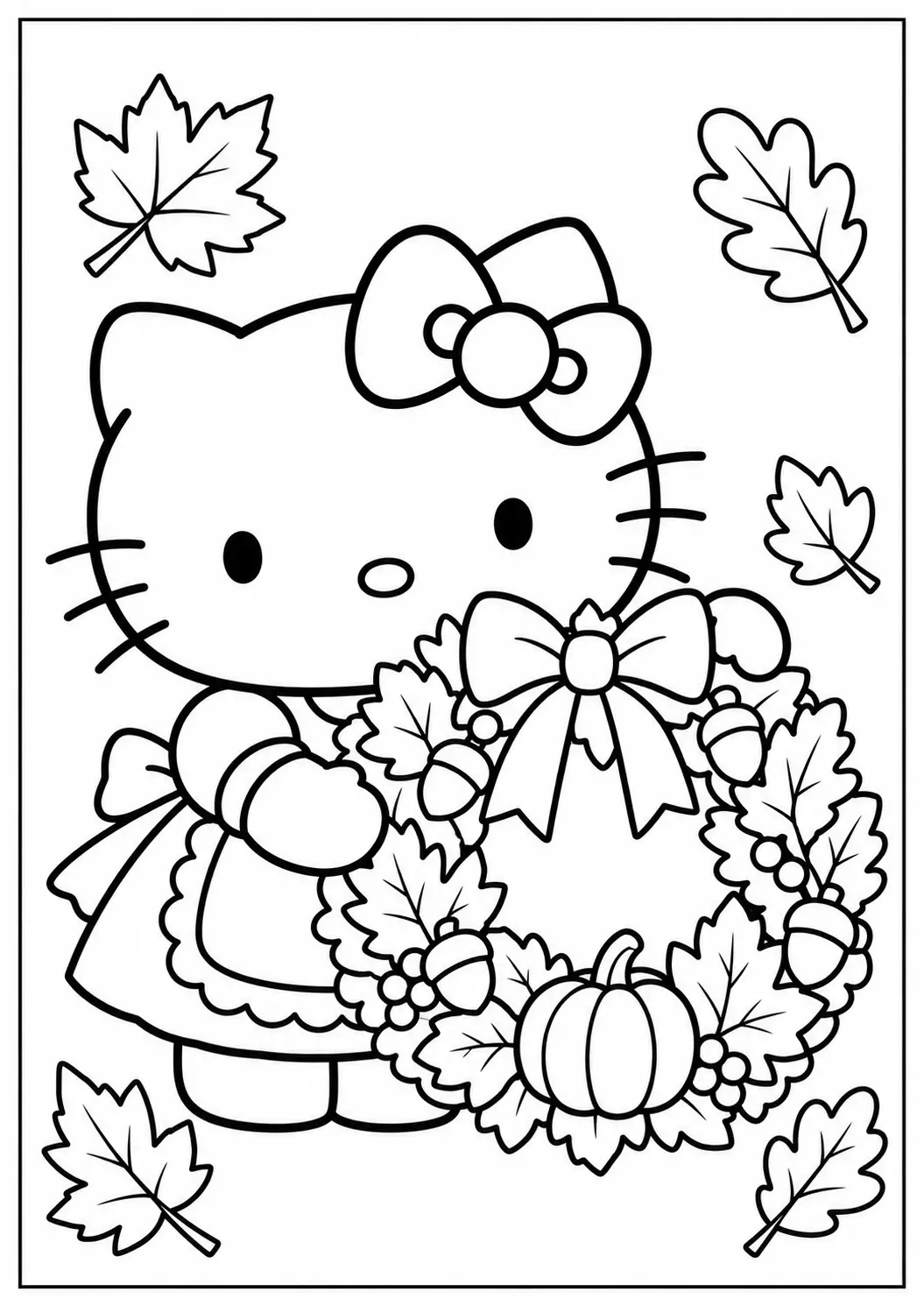 Hello Kitty with a fall wreath Thanksgiving coloring page