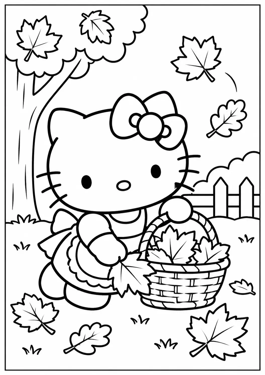 Hello Kitty collecting autumn leaves coloring page