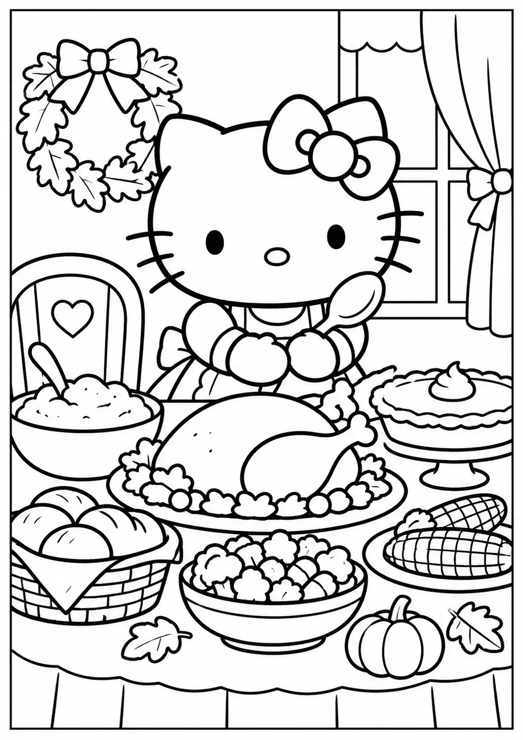 Hello Kitty Thanksgiving feast coloring page