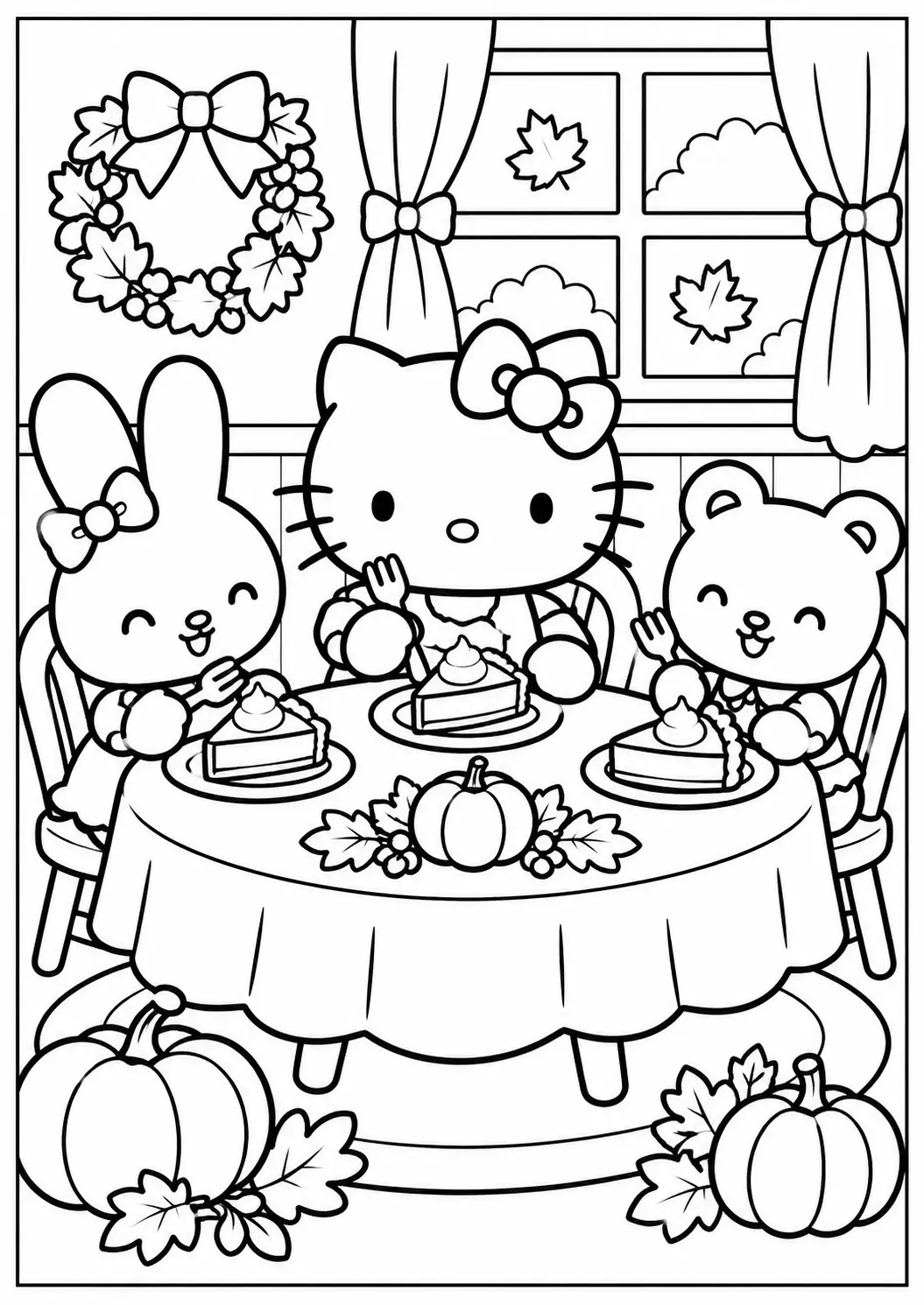 Hello Kitty sharing pumpkin pie with friends coloring page