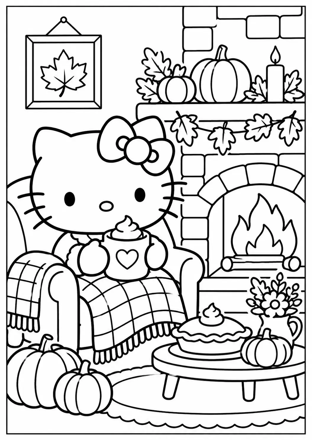 Hello Kitty Thanksgiving fireplace scene coloring page