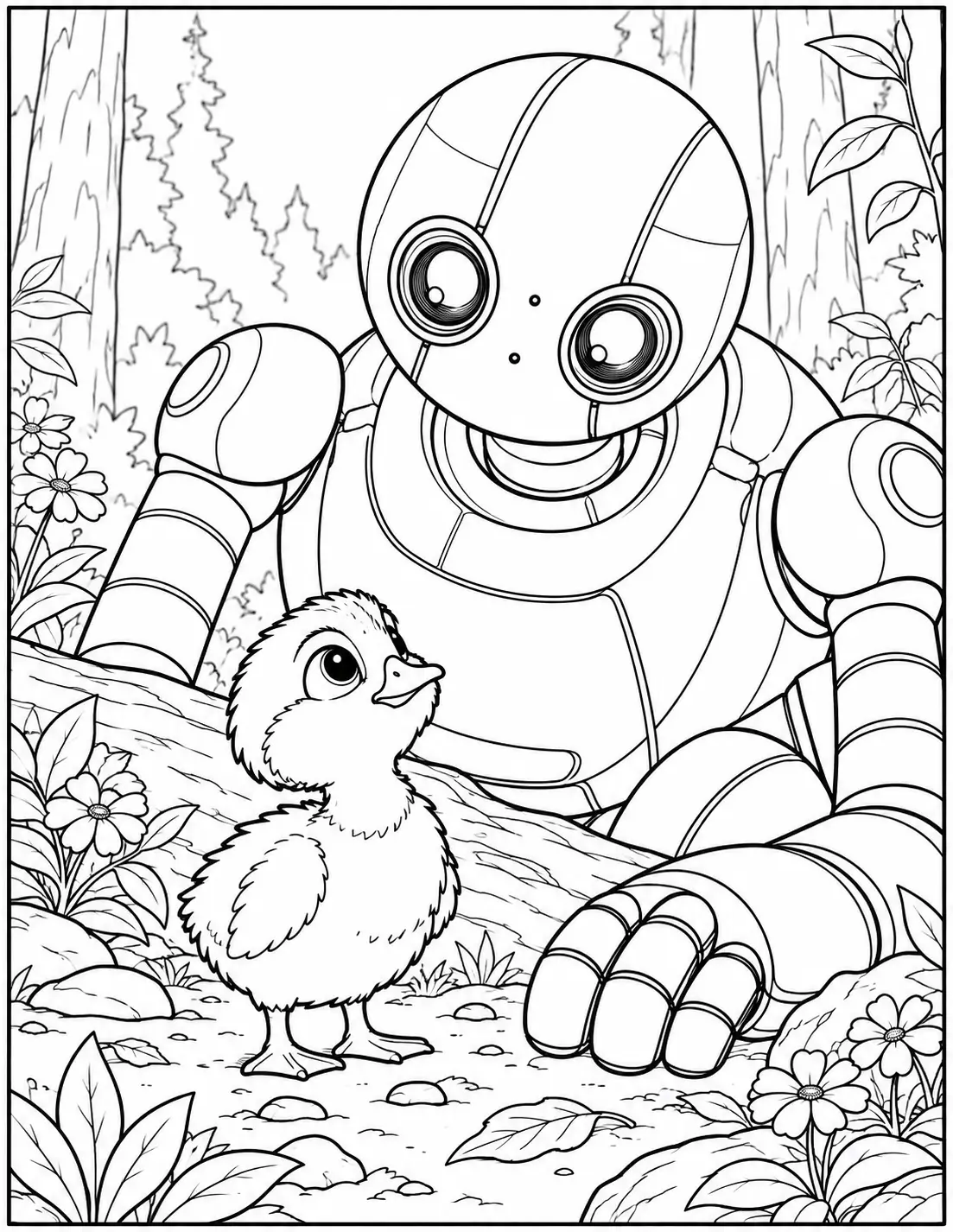 Baby Brightbill with Roz in the woodland Wild Robot coloring page