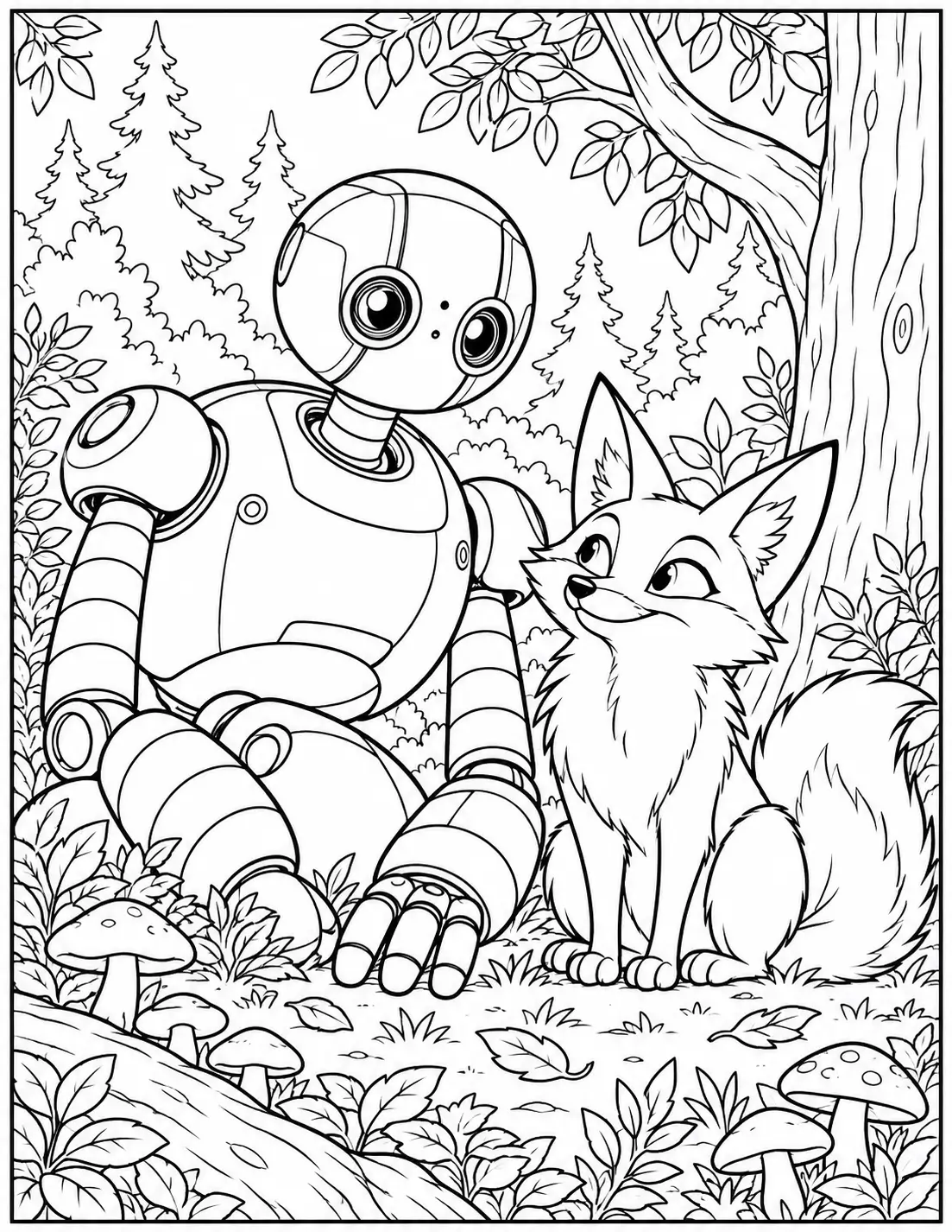 Roz and Fink the fox in the forest Wild Robot coloring page