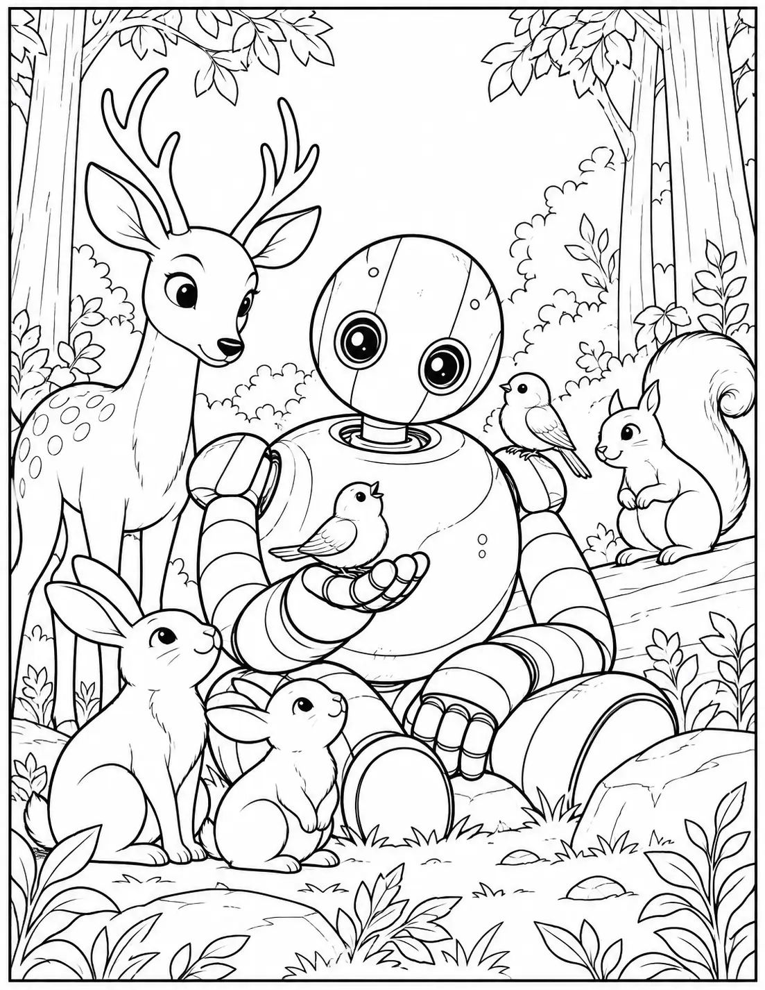 Roz surrounded by forest animals Wild Robot coloring page