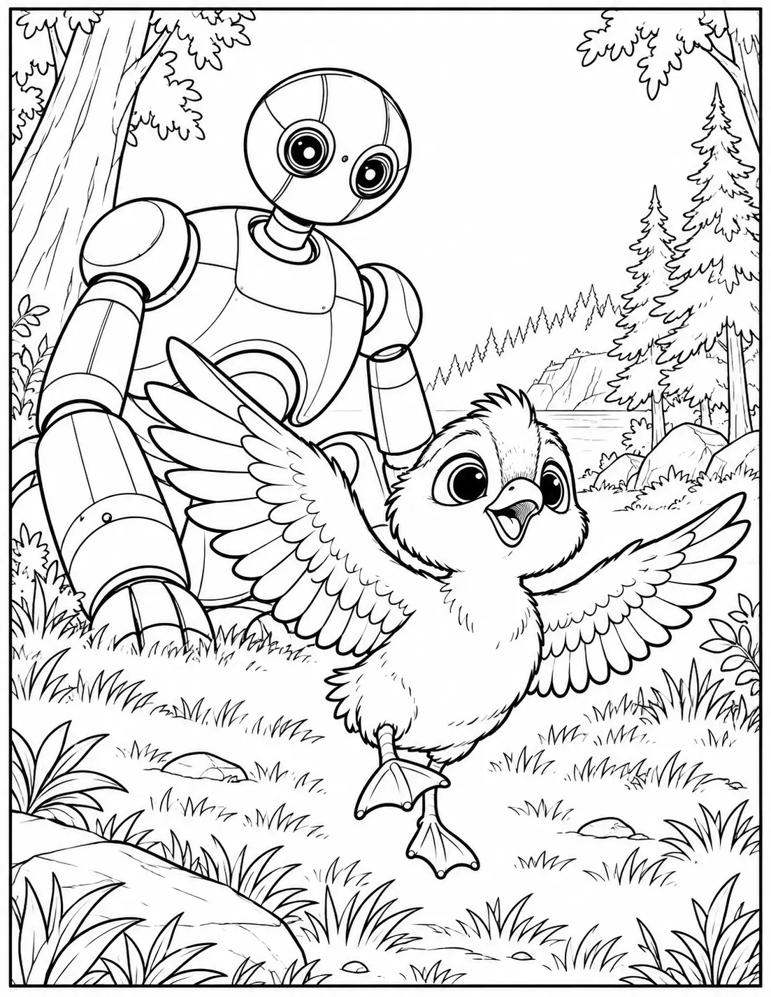 Brightbill learning to fly with Roz watching Wild Robot coloring page