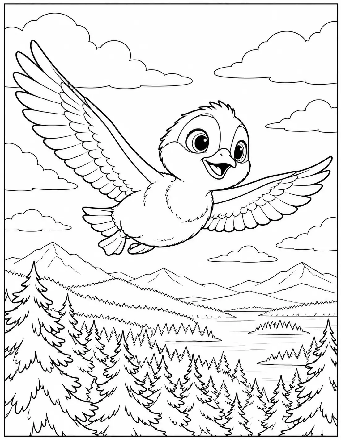 Brightbill flying over the forest and mountains Wild Robot coloring page