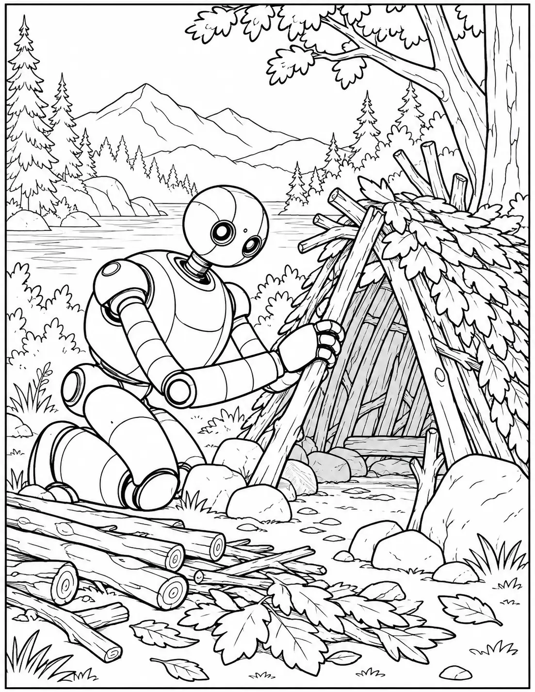 Roz building a woodland shelter Wild Robot coloring page