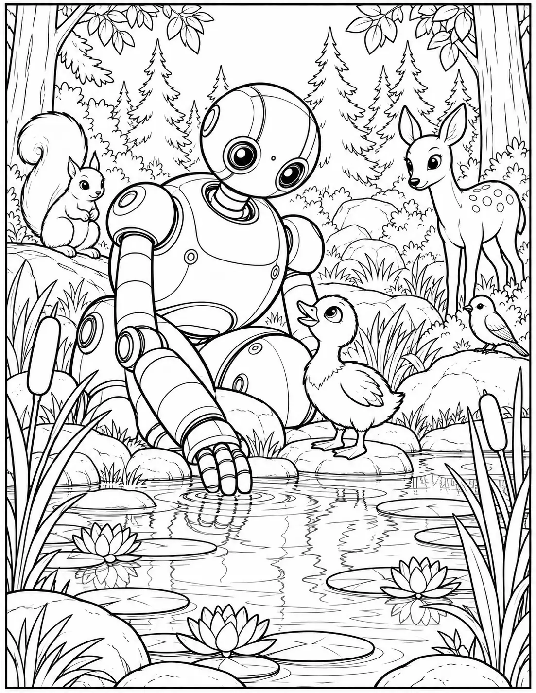 Roz and Brightbill by a forest pond Wild Robot coloring page