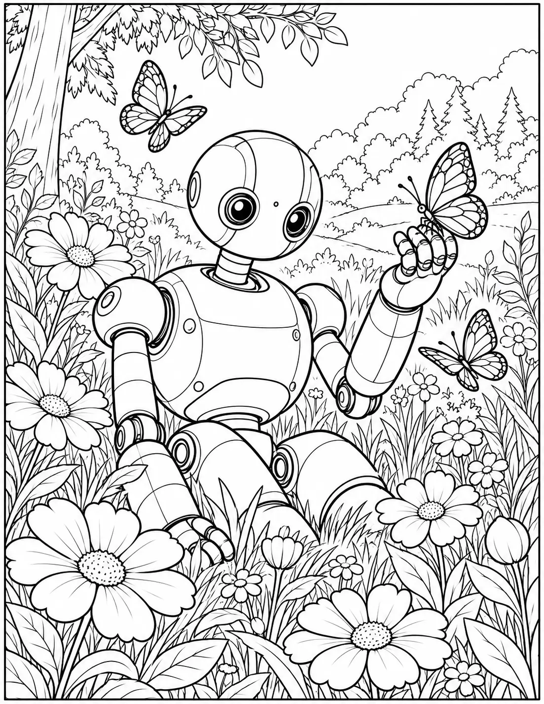 Roz in a flower meadow with butterflies Wild Robot coloring page