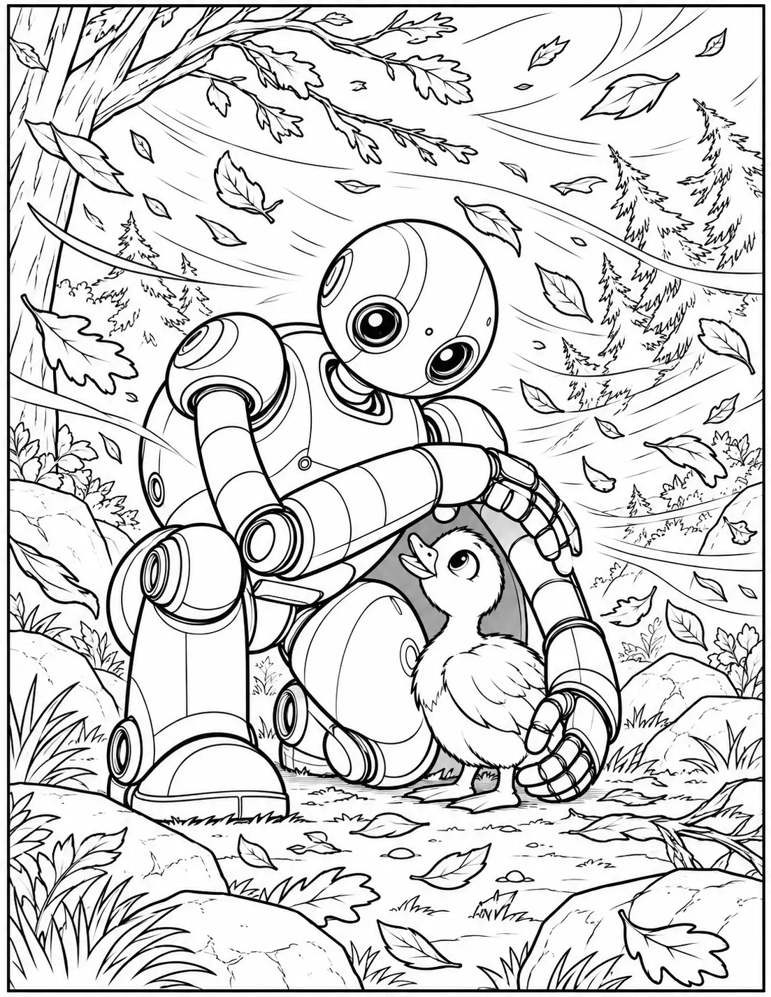 Roz protecting Brightbill from strong wind Wild Robot coloring page