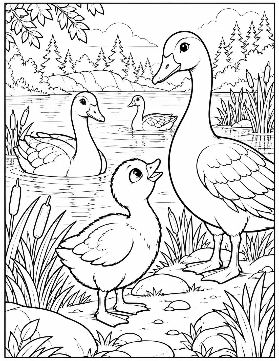 Brightbill with geese by the lakeshore Wild Robot coloring page
