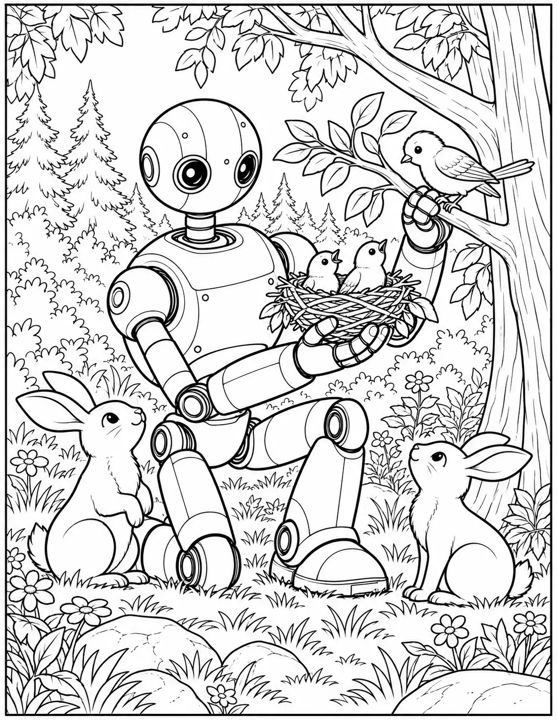 Roz helping forest birds with a nest Wild Robot coloring page