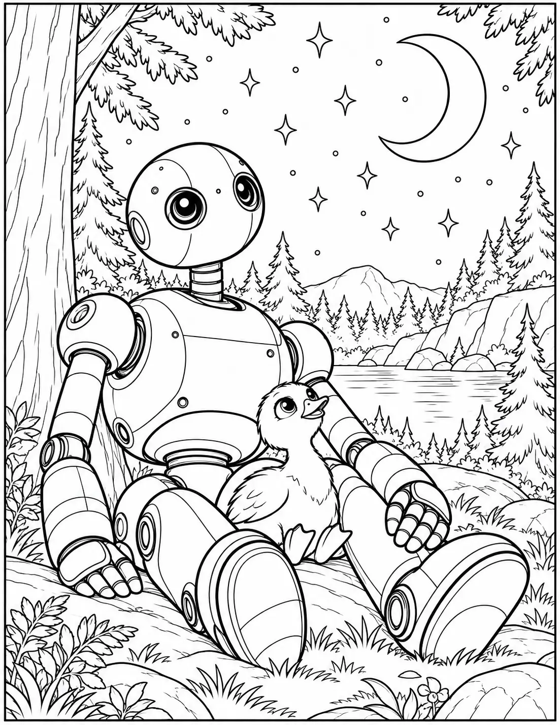 Roz and Brightbill under the moon and stars Wild Robot coloring page