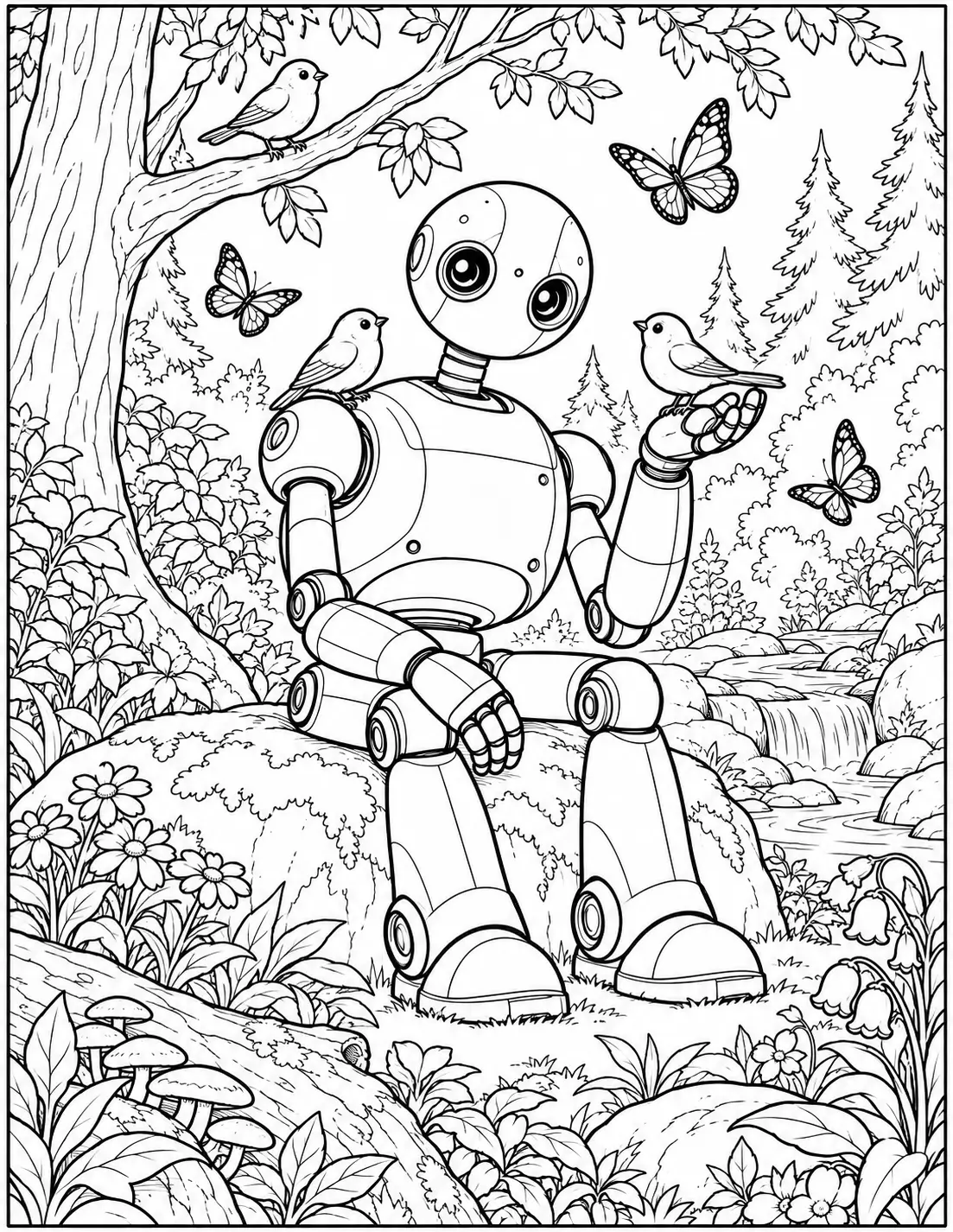 Roz with birds and butterflies in the forest Wild Robot coloring page
